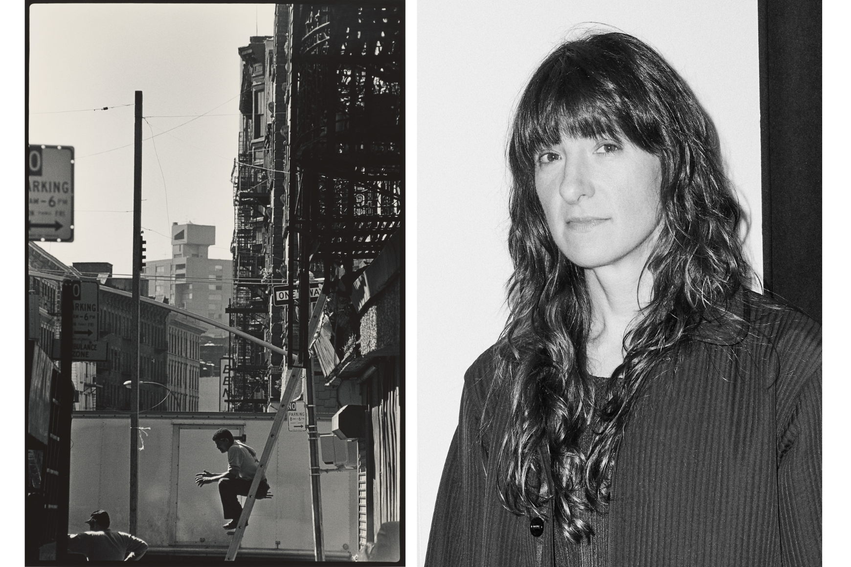 A photo of a man sitting on a ladder in NYC and a separate photo of a woman with long brown hair